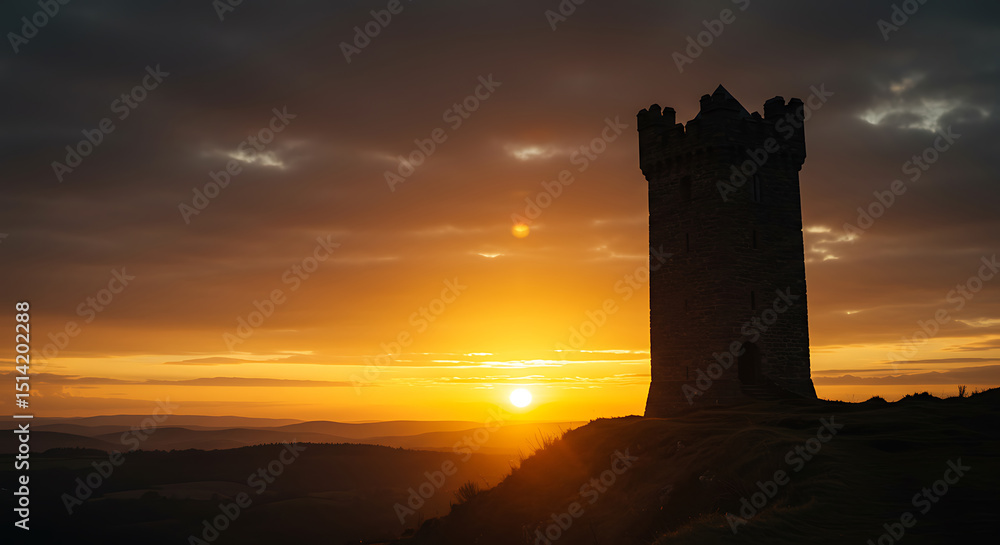 Tower Silhouette Against Vibrant Sunset Sky Over Rolling Landscape Tower Silhouette Against Vibrant Sunset Sky Over Rolling Landscape