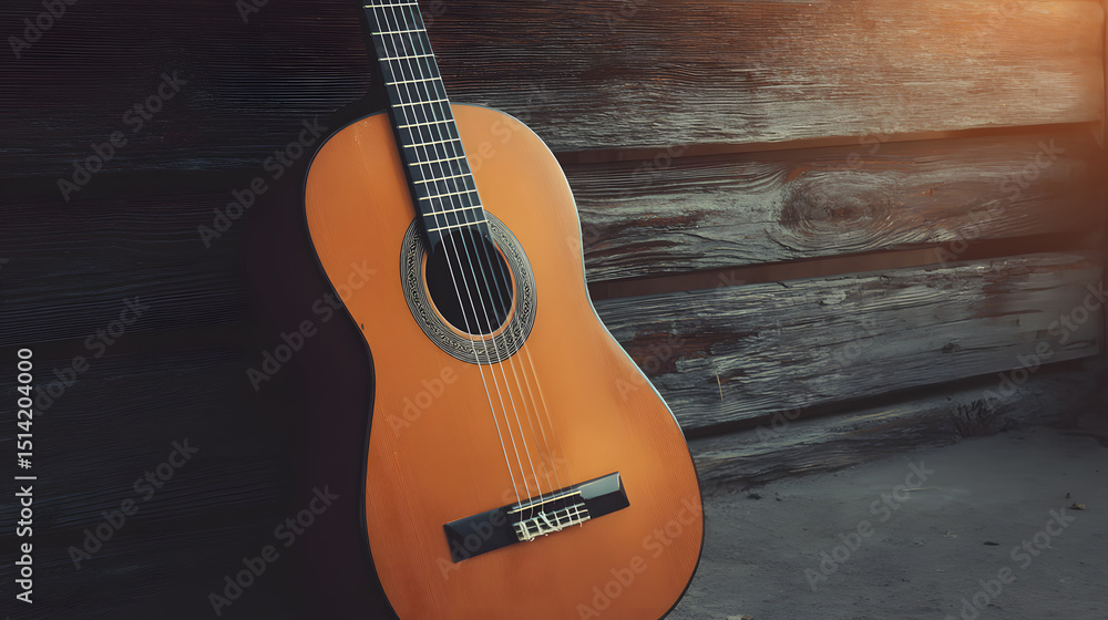 Obraz premium Acoustic guitar by a wooden wall, evoking warmth and simplicity