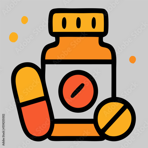 Medicine and pills icon vector with bottle and capsules in flat design, used for pharmacy, prescription drugs, treatment, or medical supplies concept.
