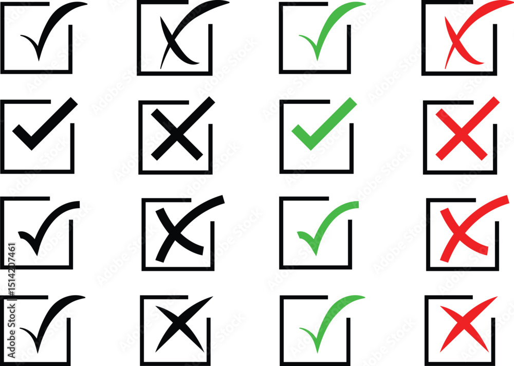 Collection of Checkmark and Cross Icons in Black, Green, and Red Colors Inside Square Boxes Isolated on White Collection of Checkmark and Cross Icons in Black, Green, and Red Colors Inside Square Boxes Isolated on White