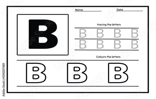 Letter B trace uppercase and coloring abc alphabet worksheet for kids English vocabulary. Handwriting tracing practice illustration