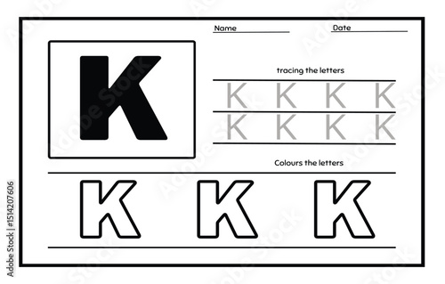 Letter K trace uppercase and coloring abc alphabet worksheet for kids English vocabulary. Handwriting tracing practice illustration