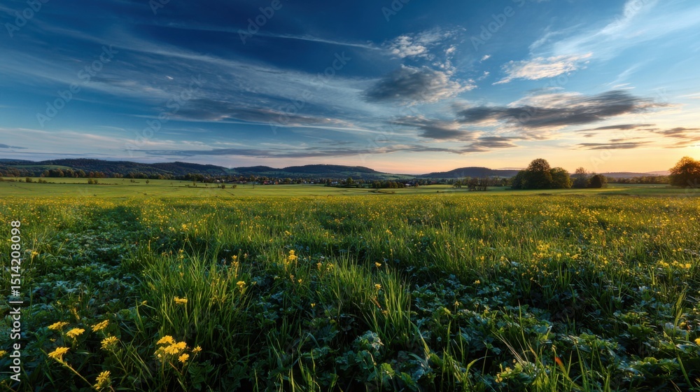 Vivid Meadow under Cloudy Sky: A vast, vibrant meadow bathed in sunlight, displaying an array of lush greens and wildflowers beneath a dynamic, cloud-filled sky. Vivid Meadow under Cloudy Sky: A vast, vibrant meadow bathed in sunlight, displaying an array of lush greens and wildflowers beneath a dynamic, cloud-filled sky.