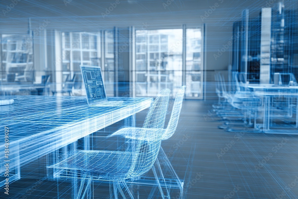 Fototapeta premium Modern workspace visualization, abstract data flow with blue and white lines, futuristic office theme, clean design.