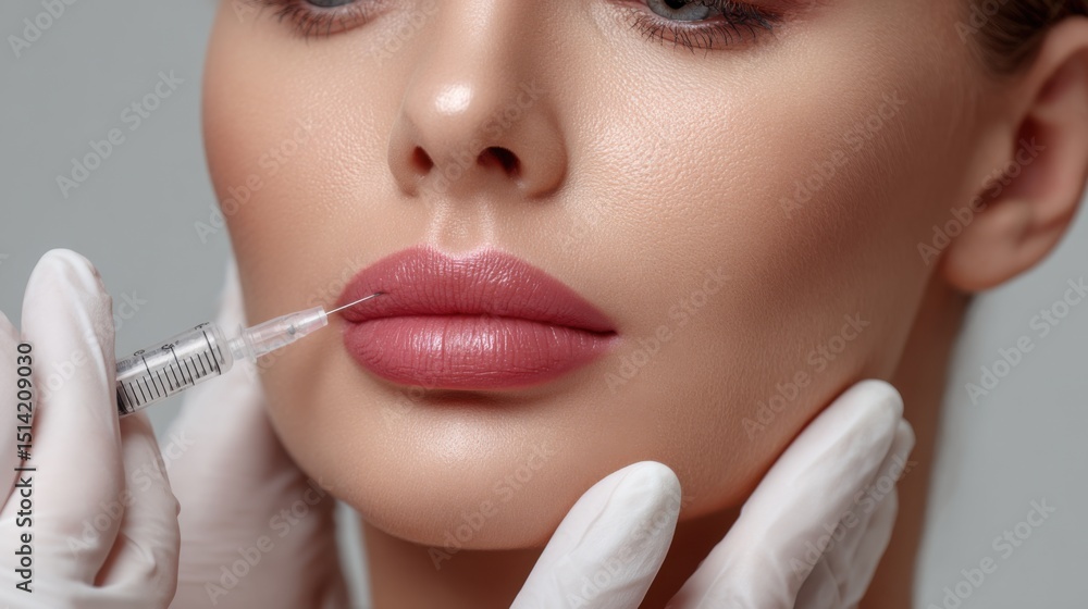 Lip Enhancement with Hyaluronic Acid: Close-up shot of a beautiful woman's lips receiving a cosmetic filler injection, highlighting the precision and artistry of aesthetic enhancement procedures. Lip Enhancement with Hyaluronic Acid: Close-up shot of a beautiful woman's lips receiving a cosmetic filler injection, highlighting the precision and artistry of aesthetic enhancement procedures.