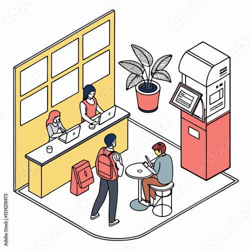 Isometric view of a reception area with people laptops plant and self service kiosk in a room setting