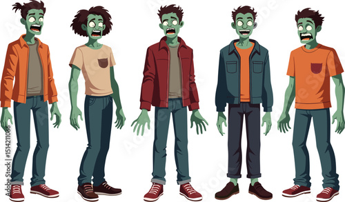 Vector clip art set of cartoon male zombies in casual clothes, isolated on transparent background. Perfect for Halloween, horror games, or undead-themed designs.