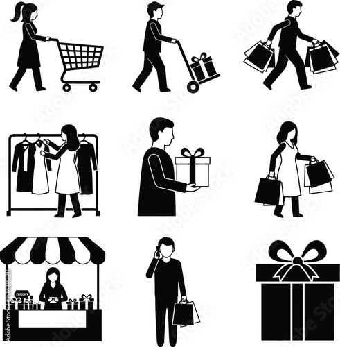 Silhouetted icons of people shopping purchasing gifts and enjoying retail therapy