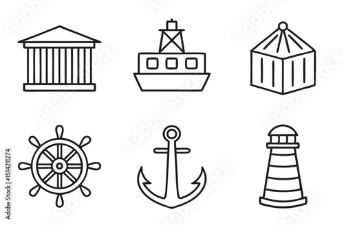 Port Infrastructure Line Icons – Maritime, Shipping, and Dockyard Outline Symbols for Industrial and Logistics Use