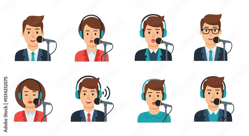 Cartoon People Wearing Headsets Speaking into Microphones Cartoon People Wearing Headsets Speaking into Microphones