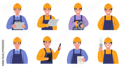Cartoon construction workers in various poses wearing hard hats and overalls