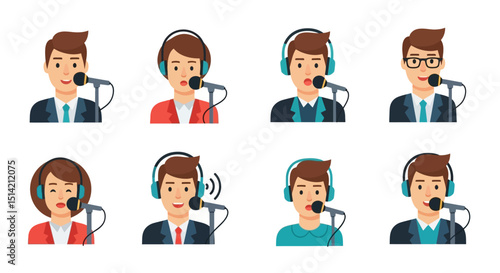 Cartoon People Wearing Headsets Speaking into Microphones