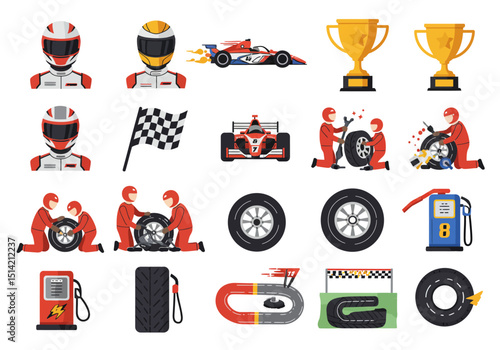 Racing themed icons featuring drivers cars trophies and track elements