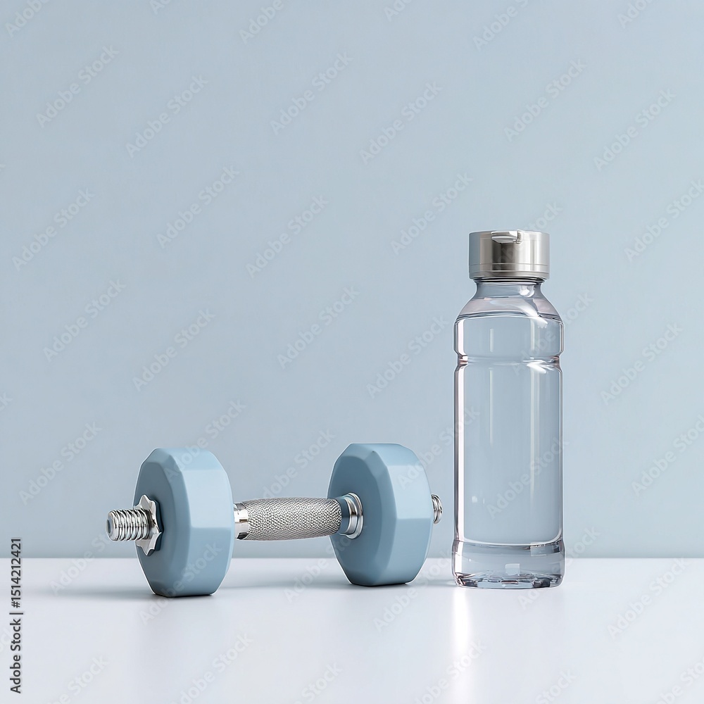 Obraz premium Minimalist fitness concept with dumbbells and water bottle placed on a light grey background, clean and motivational, symbolizing health, motivation and clean lifestyle.