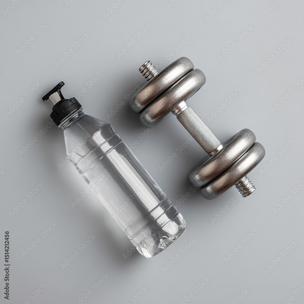 Obraz premium Minimalist fitness concept with dumbbells and water bottle placed on a light grey background, clean and motivational, symbolizing health, motivation and clean lifestyle.