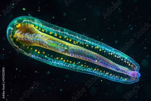 Glowing comb jelly floating in the dark ocean depths its pulsating iridescent colors creating a mesmerizing bioluminescent effect