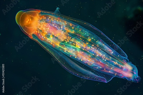 Glowing comb jelly floating in the dark ocean depths its pulsating iridescent colors creating a mesmerizing bioluminescent effect