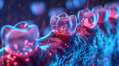 Glowing microscopic view of bacteria being removed from tooth enamel by toothpaste high tech clean background