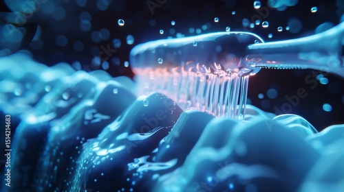 Glowing microscopic view of bacteria being removed from tooth enamel by toothpaste high tech clean background