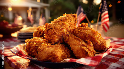 A towering, golden-crispy fried chicken centerpiece sits proudly on a patriotic picnic table, surrounded by American flags fluttering, celebrating National Fried Chicken Day with festive delight.