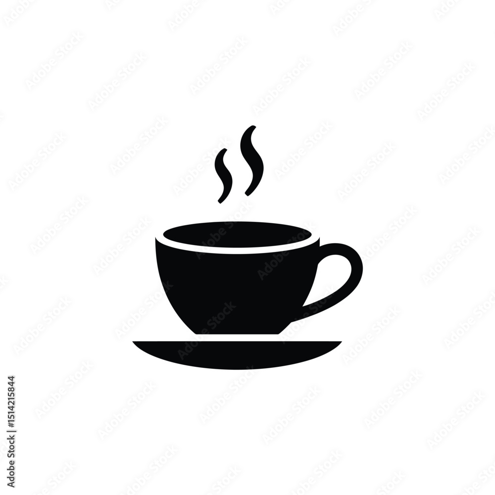 Obraz premium Cup With Steam Black Silhouette on Plate Transparent Background, Hot Beverage Icon