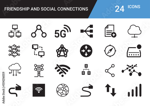 Network of Friendship: A visually informative compilation of 24 social and digital connection icons, perfect for illustrating the interconnected nature of modern communication and relationships.