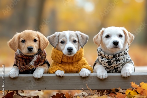 Three puppies in sweaters posing in autumn forest
