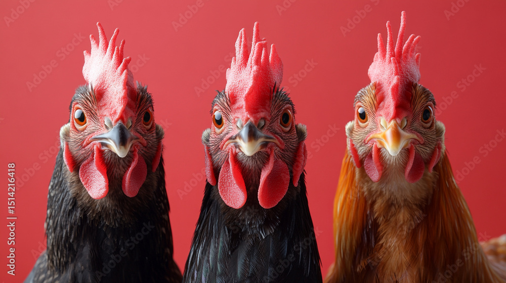 Naklejka premium Three curious chickens boldly posing with vibrant red combs and wattles showcasing farm life with a minimalist red