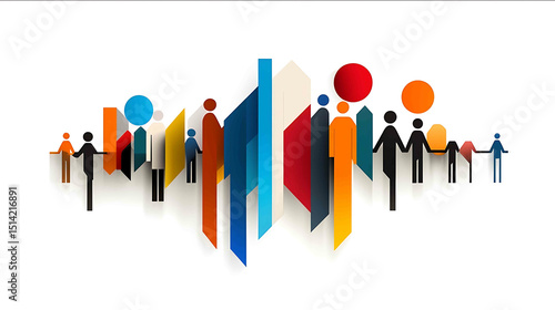 A digital vector illustration of a corporate team dressed in work clothes raising their hands together in unity white background