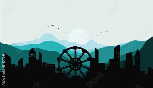 City Skyline Silhouette at Night with Urban Skyscrapers