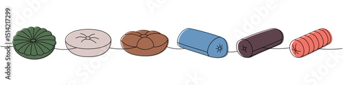 Set of plump pillows one line colored continuous drawing. Fluffy pillows for sleeping. Vector illustration.