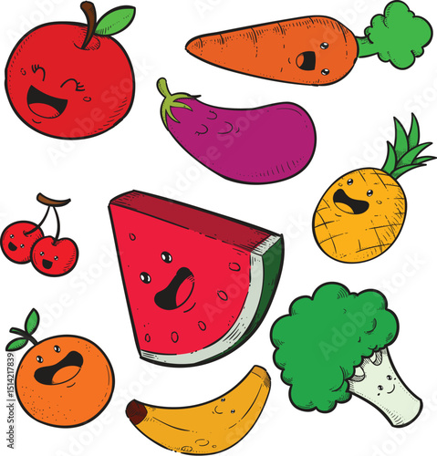 Cute Cartoon Fruit and Vegetable Doodles with Happy Faces Colorful Hand Drawn Style
