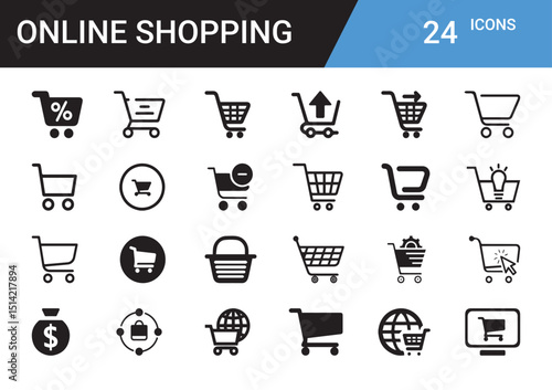 Online Shopping Icons: An array of vector-based icons representing the diverse facets of online shopping, from shopping carts to secure payment symbols and delivery trucks.