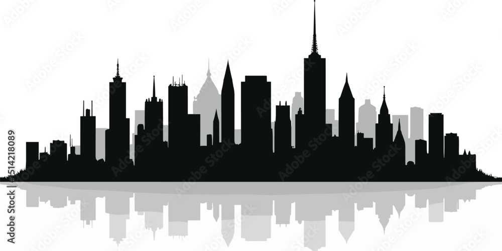Obraz premium Silhouette vector of a modern city skyline, Silhouette with mirrored reflection, isolated on a transparent background. Ideal for design, branding, and web projects.