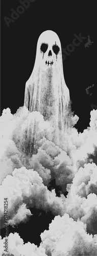Ghost Grunge Art poster, Album cover art, screen print, half tone, risograph, copy space, black and white, textured, retro vintage, psychedelic, trippy, horror, spooky, weird, creepy background