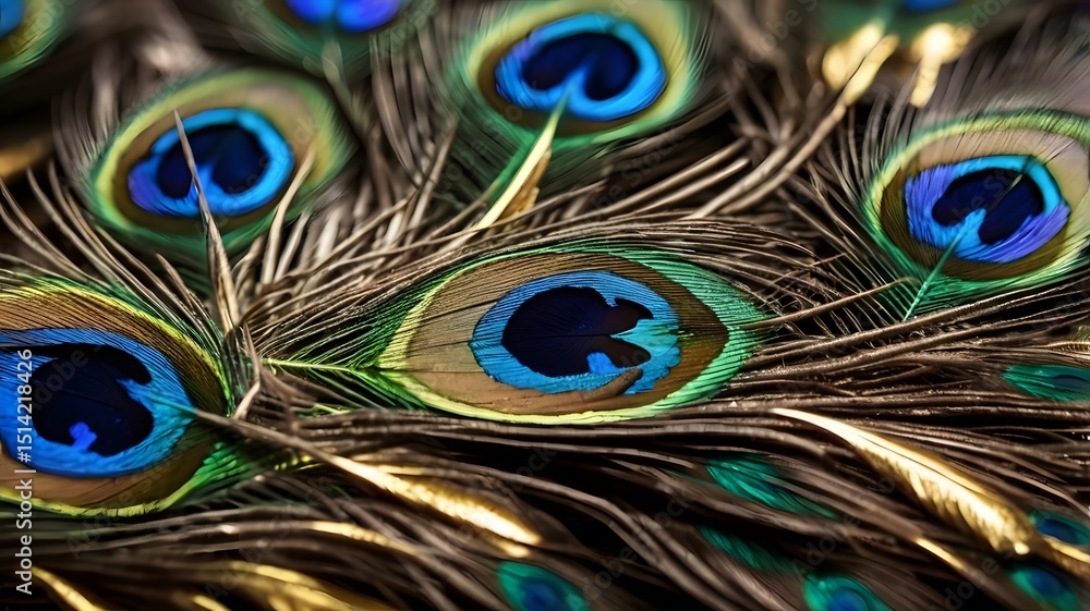 Fototapeta premium Macro Shot of Vibrant Peacock Feathers with Iridescent Eyespots