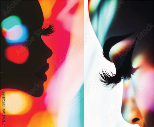 Abstract backdrop, drag queen, false eyelashes, closeup, party, disco, flyer, poster, vector, illustration, color, profile, lips, big eyelashes