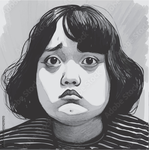 Sad face chubby cheeks grey black sketch drawing, arty artistic creative sad lonely worried anxiety, Asian girl hipster face close up, loneliness concept, sadness grief vector illustration pop retro