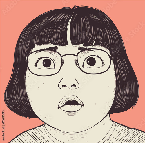 Cartoon, comic, shocked face, chubby cheeks, black orange sketch, drawing, arty smart Asian girl, hipster face, close up vector illustration, pop retro vintage hip cool fashion girl geek glasses