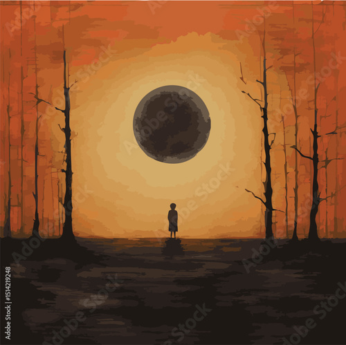 Background landscape, eerie moon orange golden brown silhouette horizon sunset sunrise artistic creative oil painting look with lone tree winter dark minimalist earthy tones vector illustration