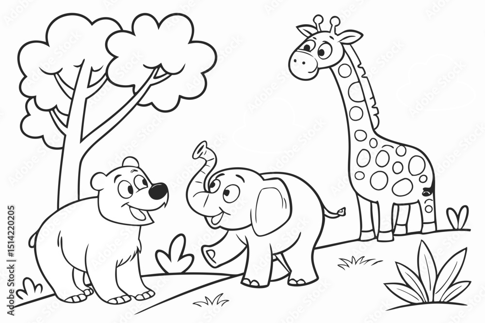 kids coloring page, animals, cartoonish, friendly, thick outlines, no color kids coloring page, animals, cartoonish, friendly, thick outlines, no color