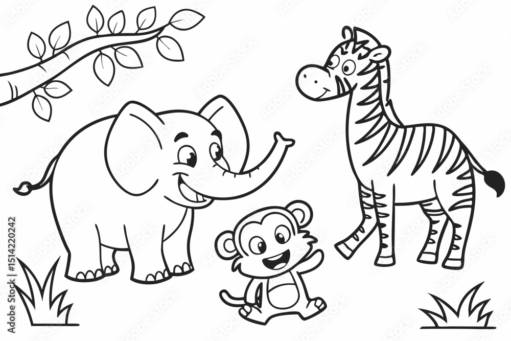 Fototapeta premium kids coloring page, animals, cartoonish, friendly, thick outlines, no color