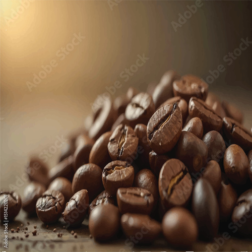 A close-up shot reveals a heap of dark roasted coffee beans, their rich brown tones and subtle textures highlighted by the soft, warm lighting.