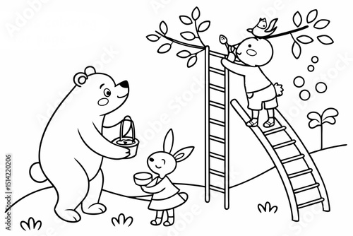 kids coloring page, animals, cartoonish, friendly, thick outlines, no color