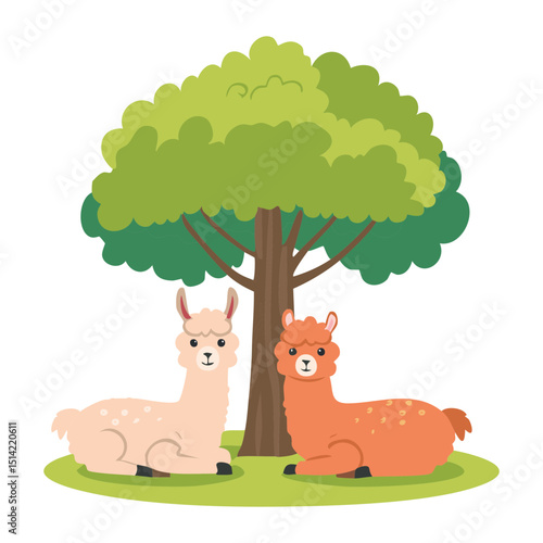 Two Llamas Resting Under Green Tree