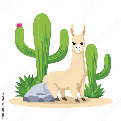 White Llama Lying Down by Cactus
