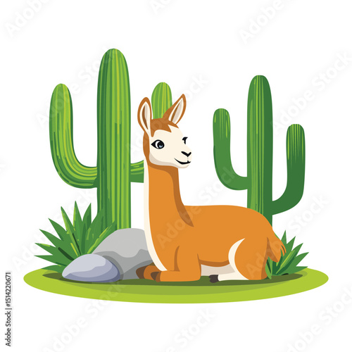 Brown Llama Resting by Desert Cactus