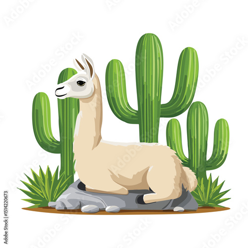 Cute Llama Resting Beside Green Cactus