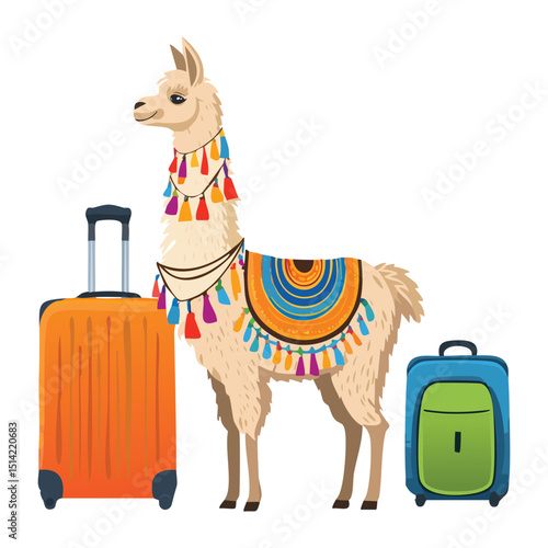 Colorful Llama with Luggage and Backpack
