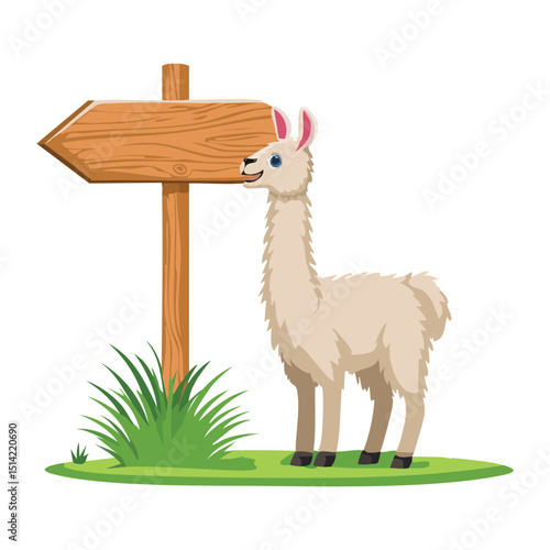 Cute Llama with Blank Wooden Signpost